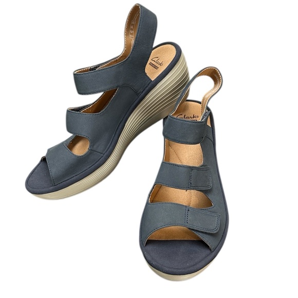 Clarks | Shoes | Clarks Reedly Juno Leather Navy Marine Wedge Sandals ...